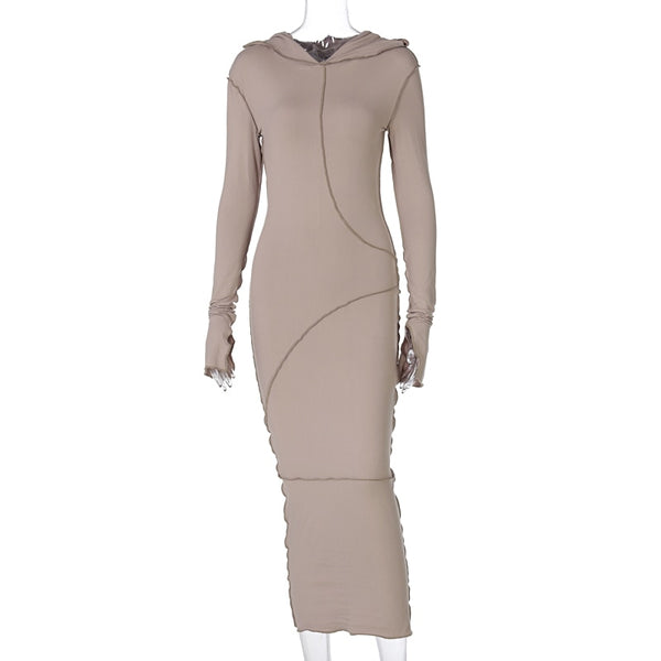 Trendy Long Sleeve Hooded Patchwork Maxi Dress
