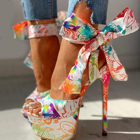 Trendy Ankle Wrap Floral Print High Heels