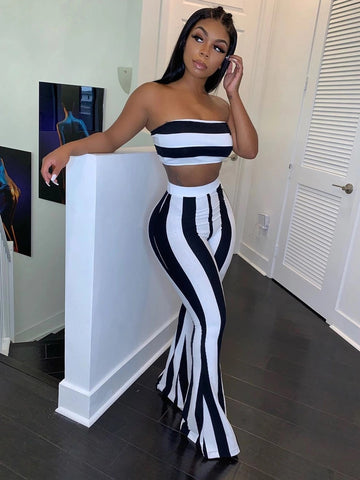 Trendy Two Piece Stripe Pants And Strapless Cropped Top