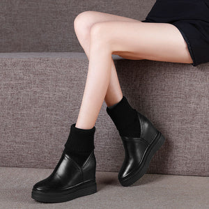 Women Fashion Wedges Mid Calf Boots Genuine Cow Leather Shoes Autumn Winter Thick High Heels Platform Ladies Female Boot E0098