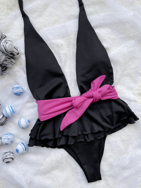 Trendy High Belted Ruffle Swimsuit