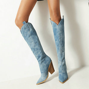 Trendy High Knee Blue Denim Boots