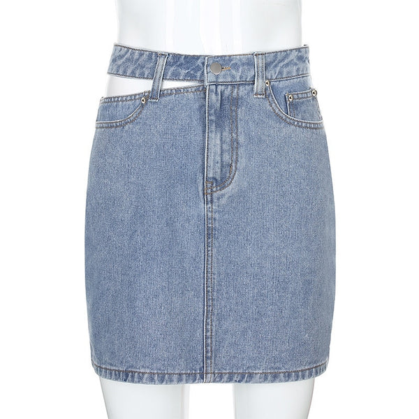 Trendy Blue Jean Hollow Out Waist Skirt
