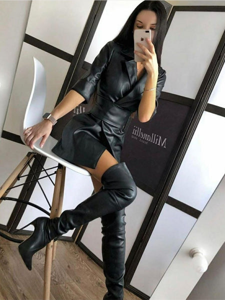 Women Office Lady PU A line Solid Turn Down Collar Sashes Black Autumn Casual Party Chic Long Dress Vestidos Fiesta Robe Femme