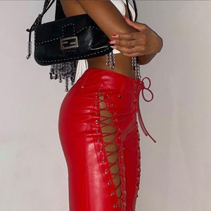 Trendy Faux Leather High Waist Lace Up Pants
