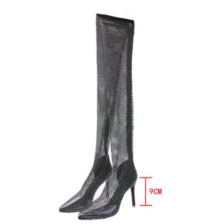Trendy Black Mesh Rhinestone Thigh High Heel Boots