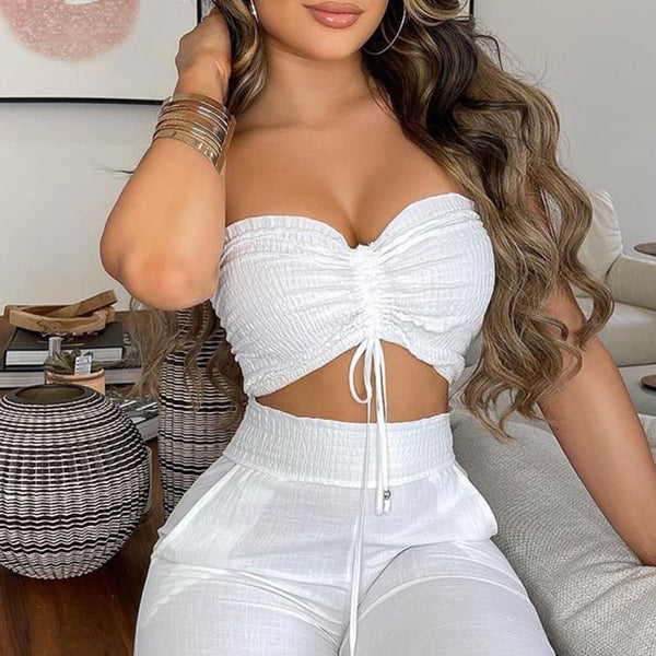 Trendy Casual White Crop Top And High Waist Bottom Set