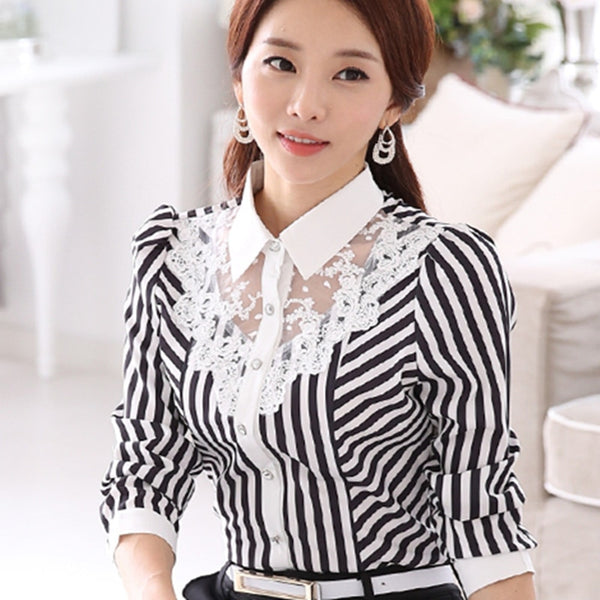 Trendy Striped Lace Polo Blouse