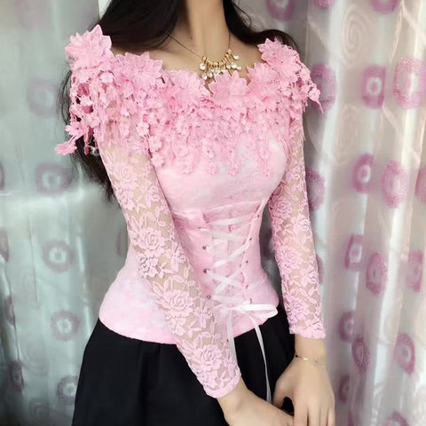 Trendy Floral Neckline Long Sleeve Lace Blouse