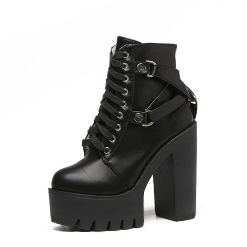 Trendy Fashion Black Lace up Punk High Heel Boots
