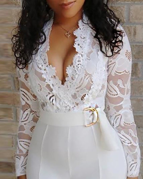 Trendy White Long Sleeve Lace Overall Jumpsuit With Belt