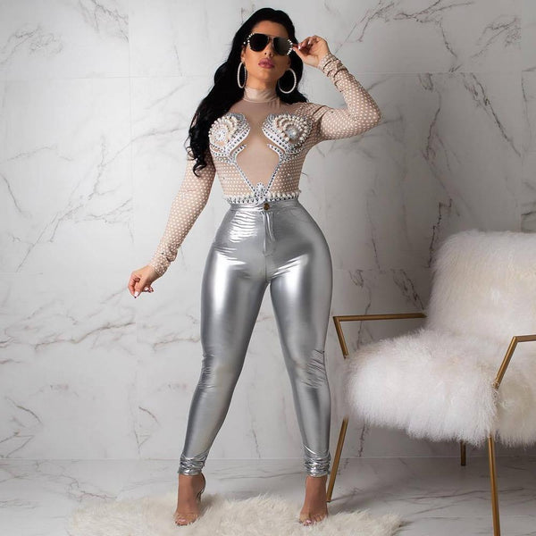 Trendy Latex Faux Leather High Waist Skinny Jeggings