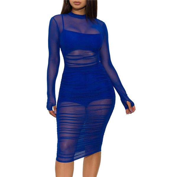 Trendy Solid Mesh Lace Party Mini Dress