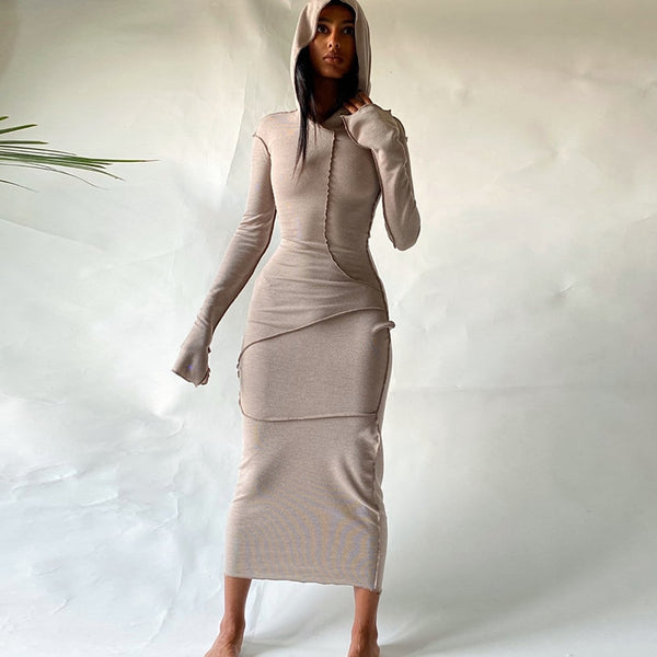Trendy Long Sleeve Hooded Patchwork Maxi Dress