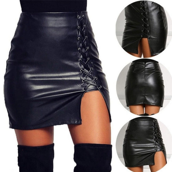Trendy Faux Leather Mini Split Tie Up Skirt