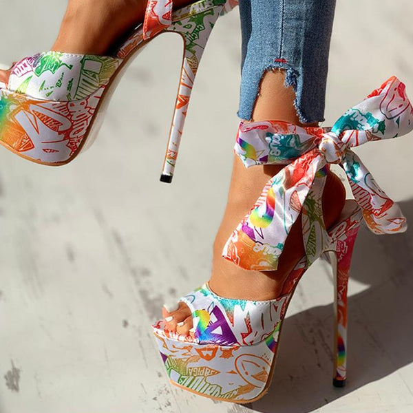 Trendy Ankle Wrap Floral Print High Heels