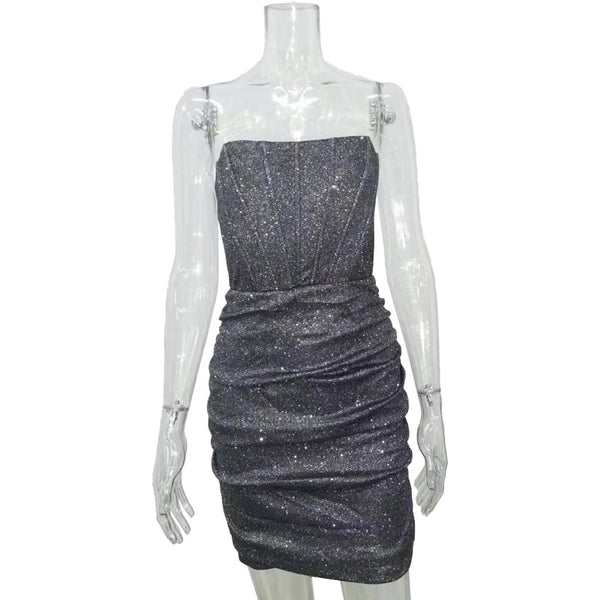 Trendy Strapless Glitter Party Dress