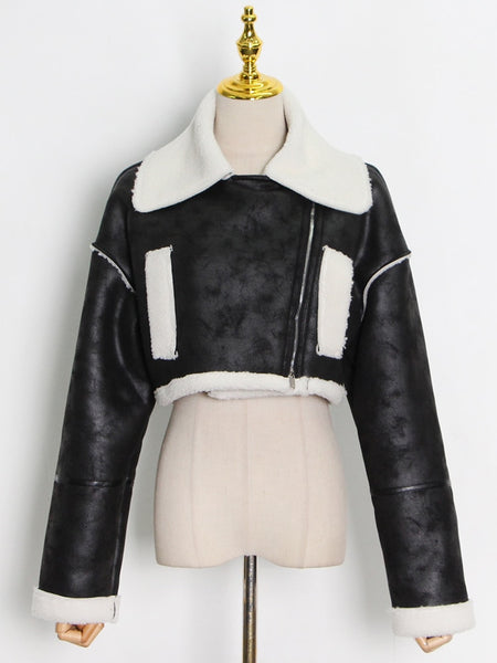 Trendy Long Sleeve Faux Leather With Fur Coat