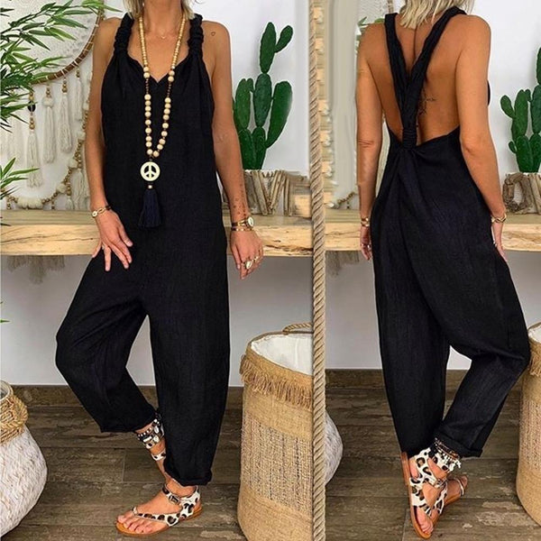 Trendy Sleeveless Comfy Overalls Knotted Jumpsuit