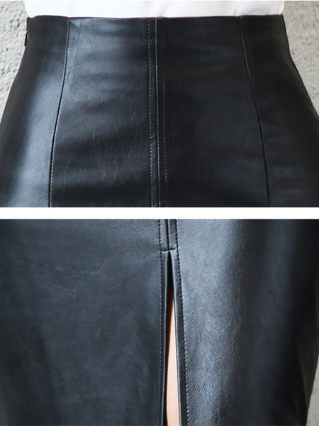 Trendy Faux Leather Long Black Skirt With Front/ Back Slit