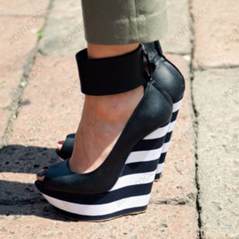 Trendy Ankle Wrap Peep Toe Black Wedge Heels