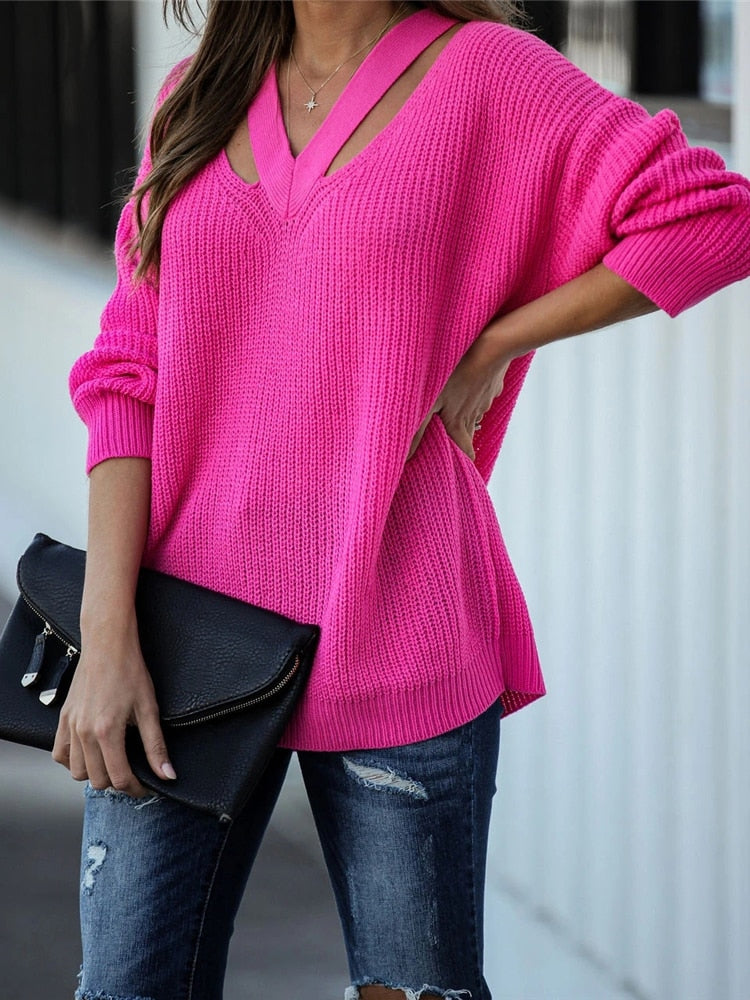 Trendy V Neck Oversized Long Sleeve Sweater