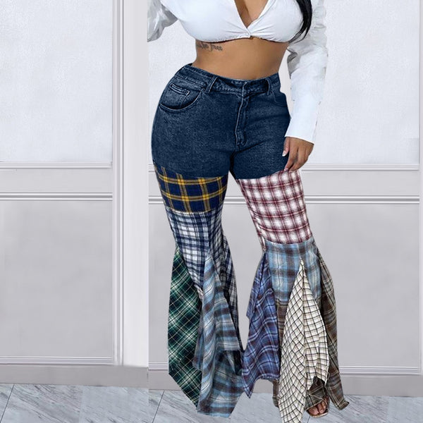 Trendy High Waisted Patchwork Denim Flare Jeans