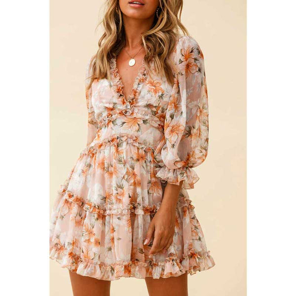 Trendy Floral Backless Print Ruffle Dress