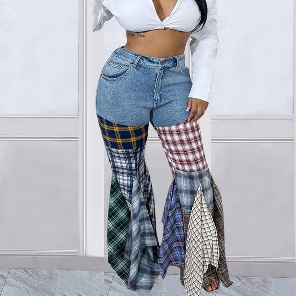 Trendy High Waisted Patchwork Denim Flare Jeans