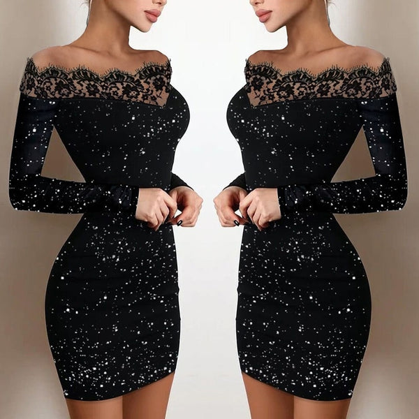 Trendy Black Off Shoulder Glitter Party  Dress