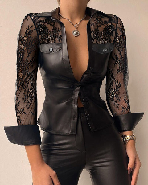 Trendy Lace Mesh Long Sleeve Faux Leather Blouse