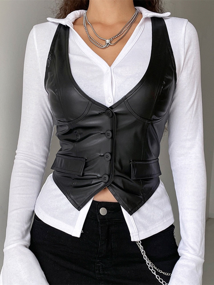 Trendy Sleeveless Faux Leather Vest