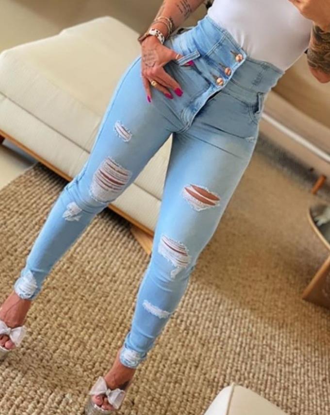 Women&#39;s Jeans 2022 Trend Autumn Fashion High Waist Buttoned Cutout Ripped Casual Skinny Plain Pocket Design Daily Long Jeans