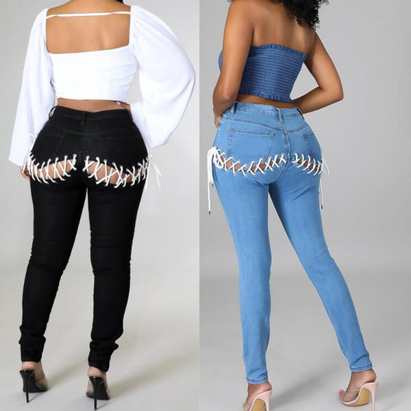 Trendy Back Ripped Bandaged Jeans