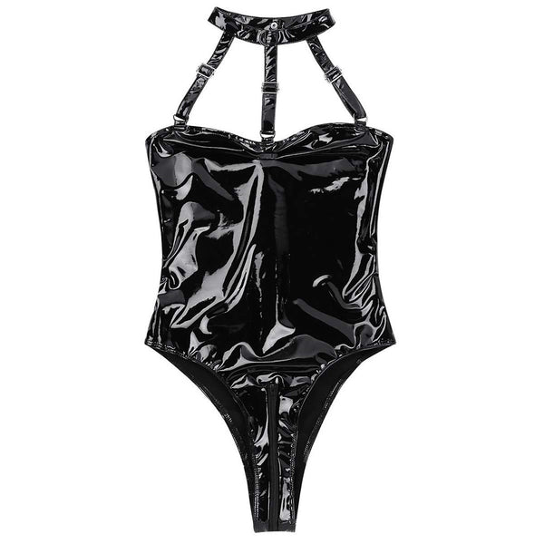 Trendy Patent Leather Backless Lingerie