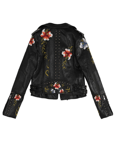 Trendy  Floral Print Faux Soft Leather Jacket
