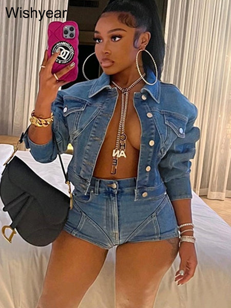 Wishyear Sexy Blue Denim Jacket and Shorts Matching Sets Women Jean Two Piece Suits Streetwear Fall Birthday Party Club Outfits
