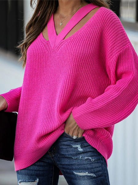 Trendy V Neck Oversized Long Sleeve Sweater