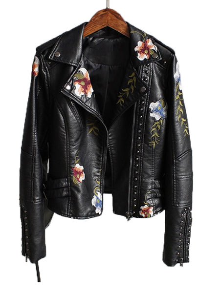 Trendy  Floral Print Faux Soft Leather Jacket