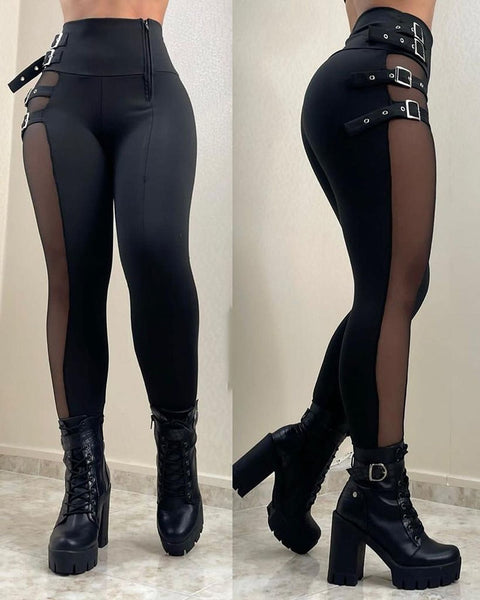 Trendy Casual Mesh Buckled High Waist Jeggings
