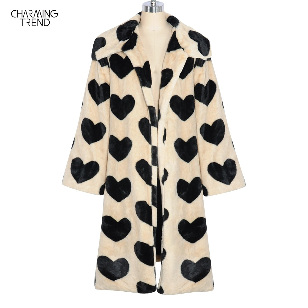 Trendy Faux Fur Long Love Pattern Coat