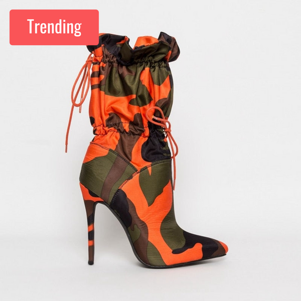 Trendy Camouflage Drawstring Heel Boots