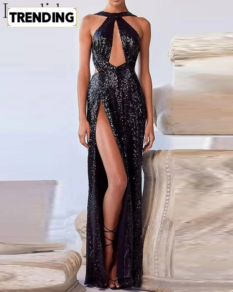 Trendy Maxi Sequin Black Hollow Out Formal Dress