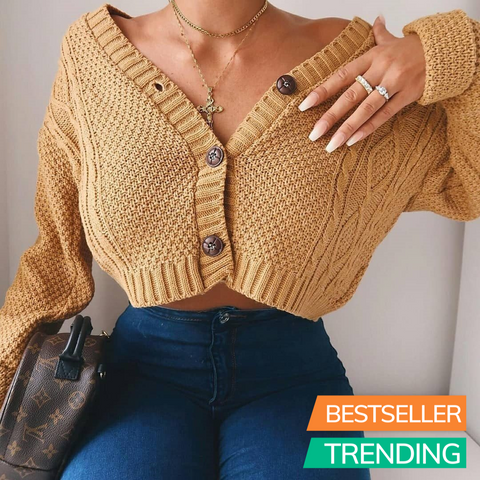 Trendy Cropped Long Sleeve Twist Crochet Sweater
