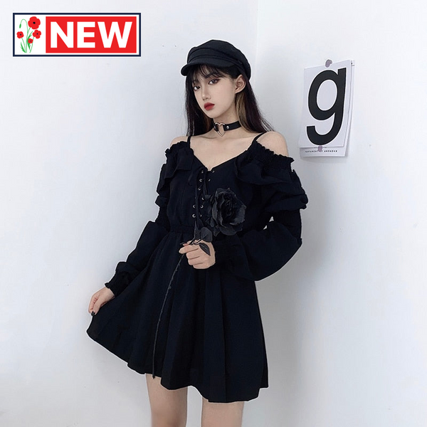 Trendy High Waist Long Sleeve Mini Black Dress