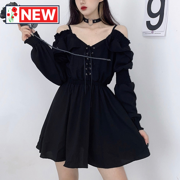 Trendy High Waist Long Sleeve Mini Black Dress
