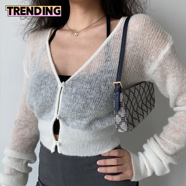 Trendy Cropped Long Sleeve Knitted Cardigan Sweater
