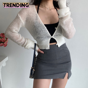 Trendy Cropped Long Sleeve Knitted Cardigan Sweater