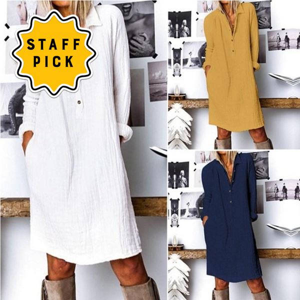 Trendy Fall Casual Long Sleeve Solid Color Cotton Linen Dress