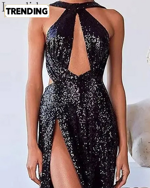 Trendy Maxi Sequin Black Hollow Out Formal Dress